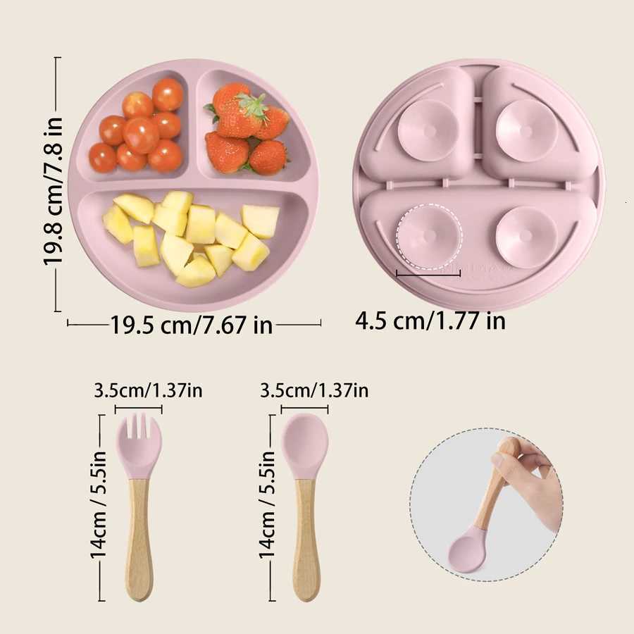 3PCS Silicone Children Tableware Baby Feeding Set Silicone Dinner Plate with Wooden Handle Spoon Fork BPA Free Baby Training Tableware X250806
