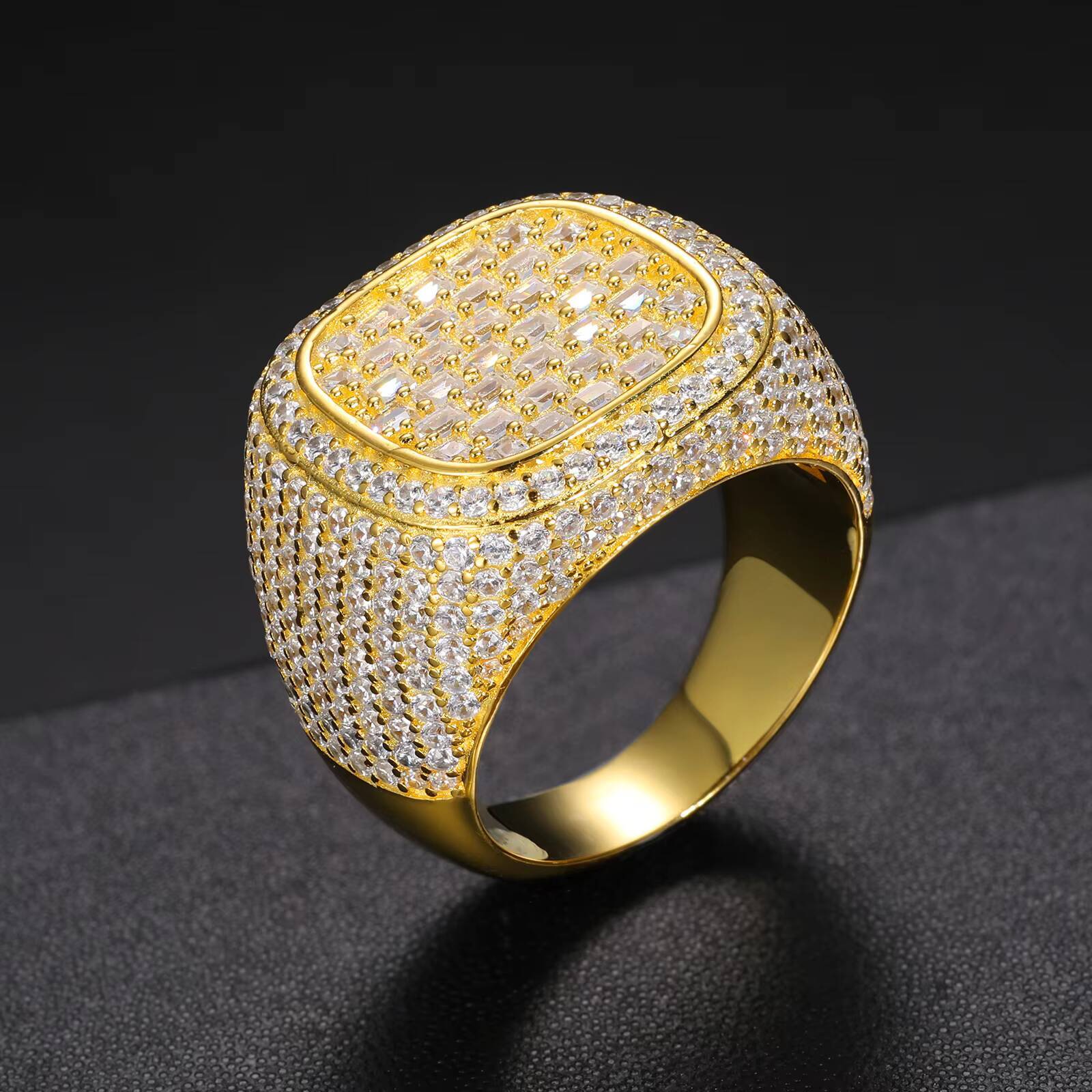 GRA Certificate 18K Gold Plated 925 Sterling Silver VVS Baguette Moissanite Diamond Iced Out Signet Ring Hip Hop Jewelry for Men