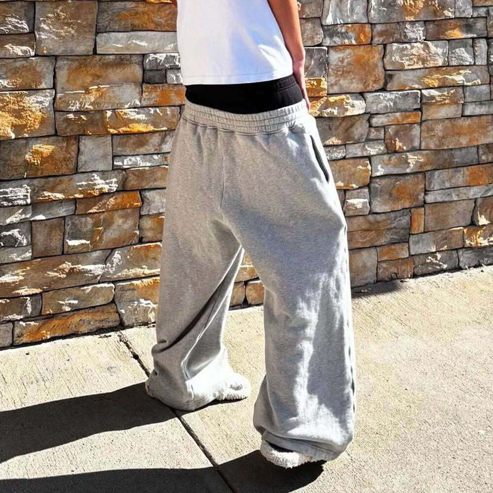 Printed Double Waistband Casual Pants for Men High Street Fashion Design Loose Versatile Straight Sweatpants