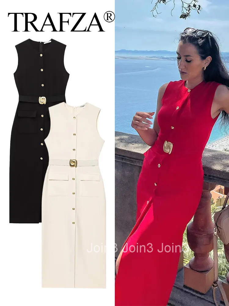 Female Summer Elegant Midi Dress O-Neck Hem Slit With Belt Sleeveless Single Breasted Back Zipper Fashion Long Dress