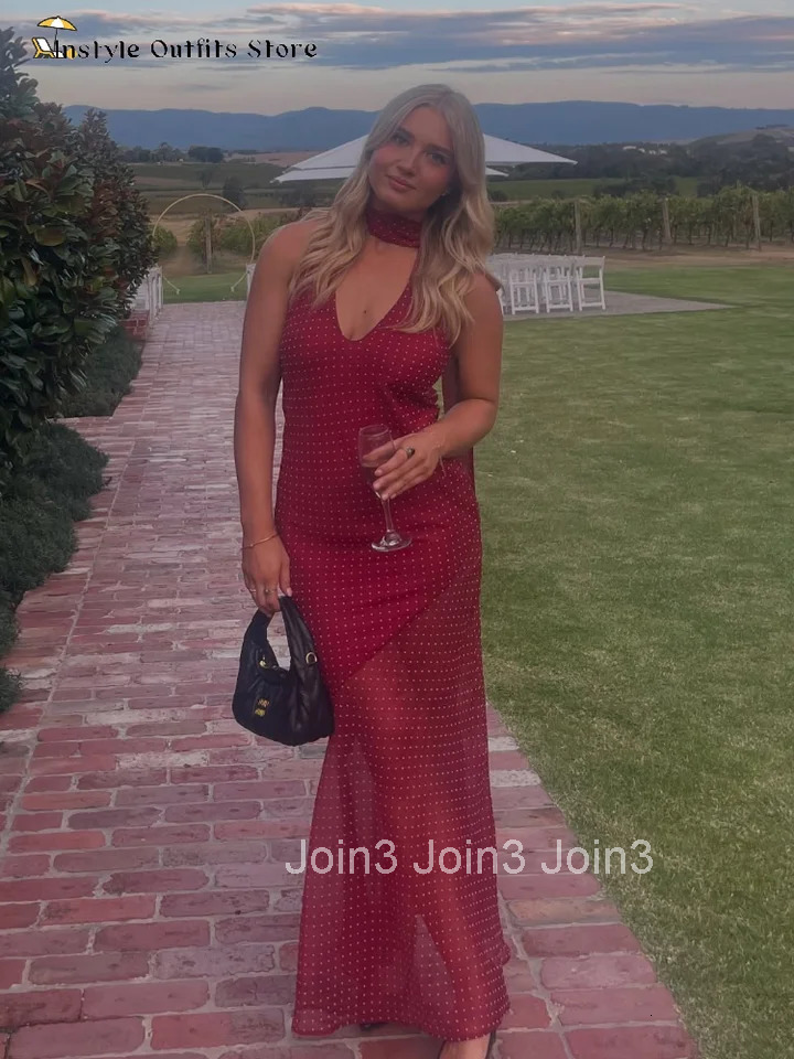 Dot Halter Maxi Dress Women V-neck Backless Lace up Dresses Woman Patchwork Hip Package Elegant Summer Holiday Elegant Robe Lady