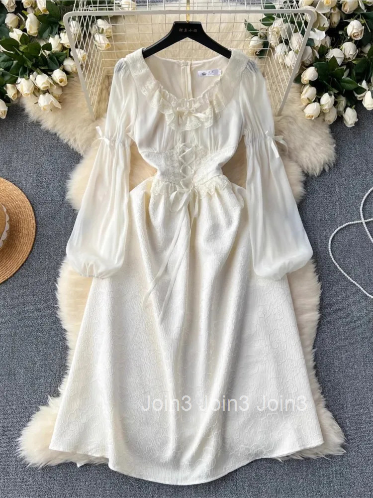 Autumn Elegant Korean Jacquard Fairy Dress Vintage Court Style Lantern Sleeve Princess Party White Dresses Bandage Vestidos