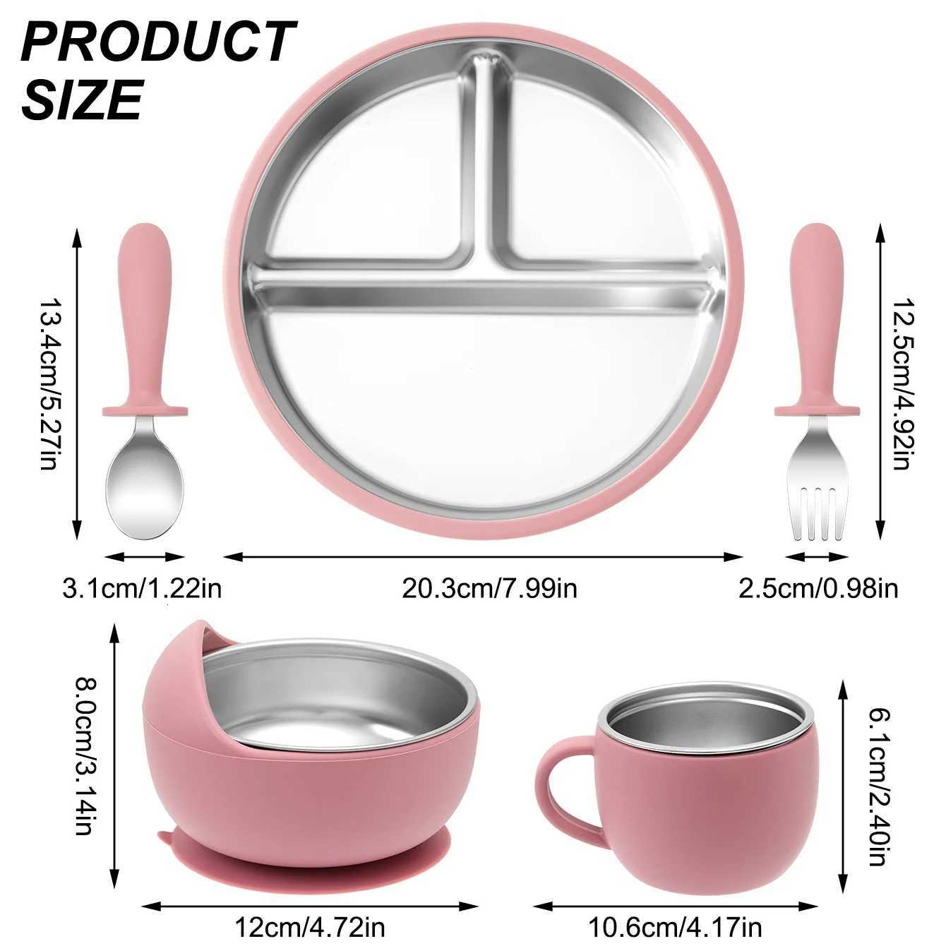 5PCS Stainless Steel Silicone Baby Feeding Set Detachable Dishes Plate BPA Free Infant Training Fork Spoon Bowl Cup Gifts X250806