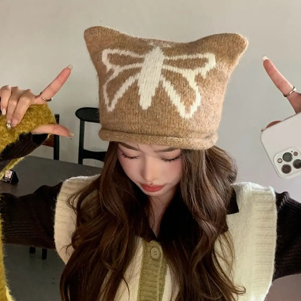 Kawaii Y2K Cute Cat Ears Beanie Hats Curly Warm Butterfly Knitted Hat Harajuku Wool Jacquard Cap Winter Autumn 250806