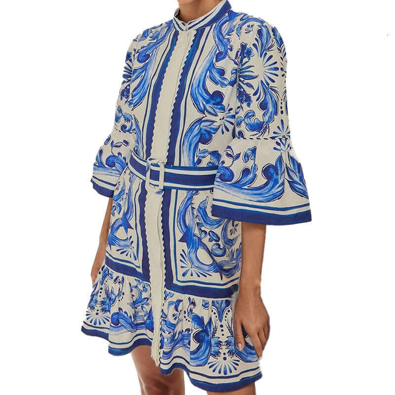 Spring New Women's French Style Round Neck Waist-Cinching Flared Sleeve Printed Dress B5