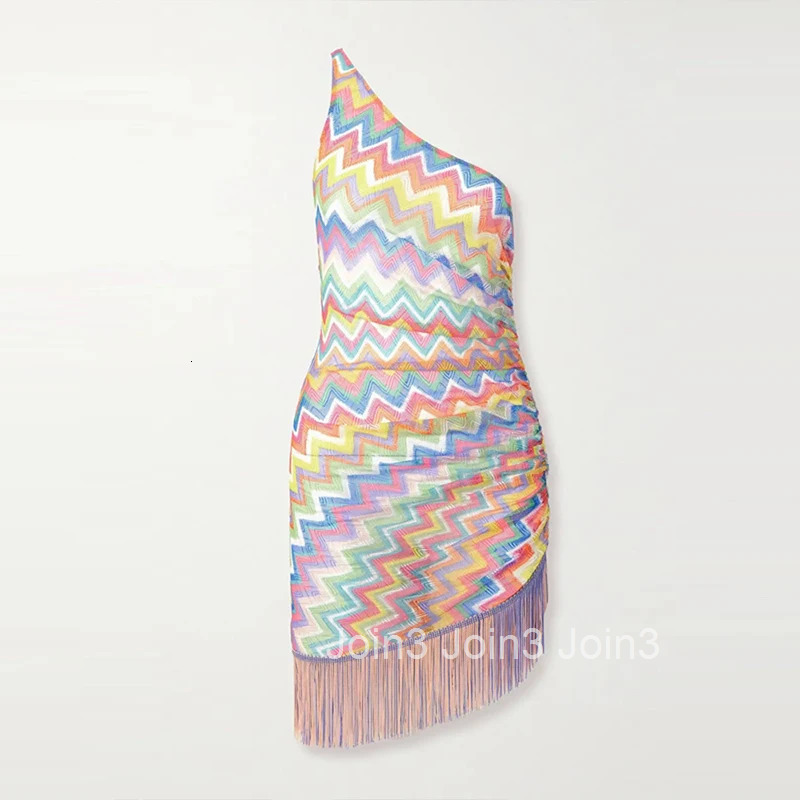 Sexy Diagonal Collar Backless Irregular Mini Dress Lady Fashion Tassel Patchwork Short Dress Elegant Striped Print Bodycon Dress