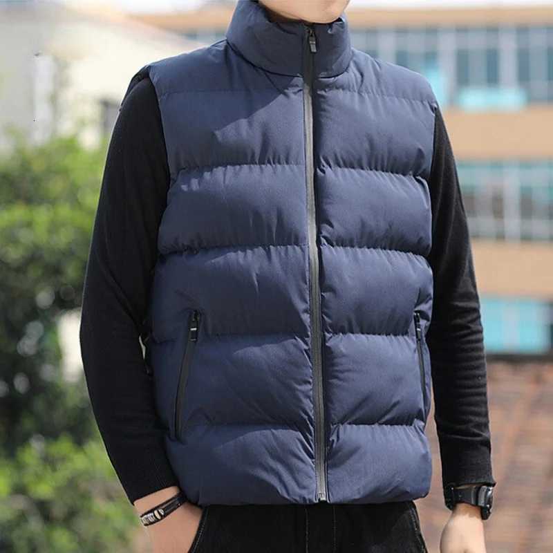 Autumn Winter Mens Down Cotton Vest Solid Color Standing Collar Sleeveless Waistcoat Loose Casual Thick Warm Padded Vest W250806
