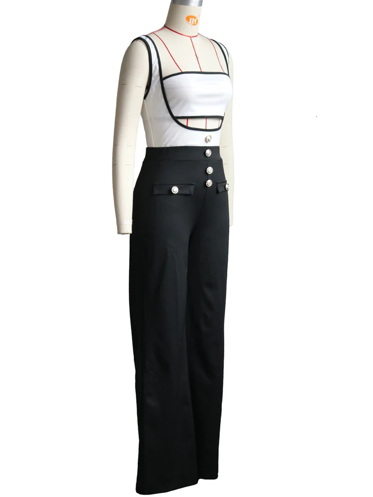 Beyprern Elegant Womens Suspender Jumpsuits Two-Piece Outfits Glam Fitted Button Details Wide Legs Long Pants Jumpsuit Clubwear 250804