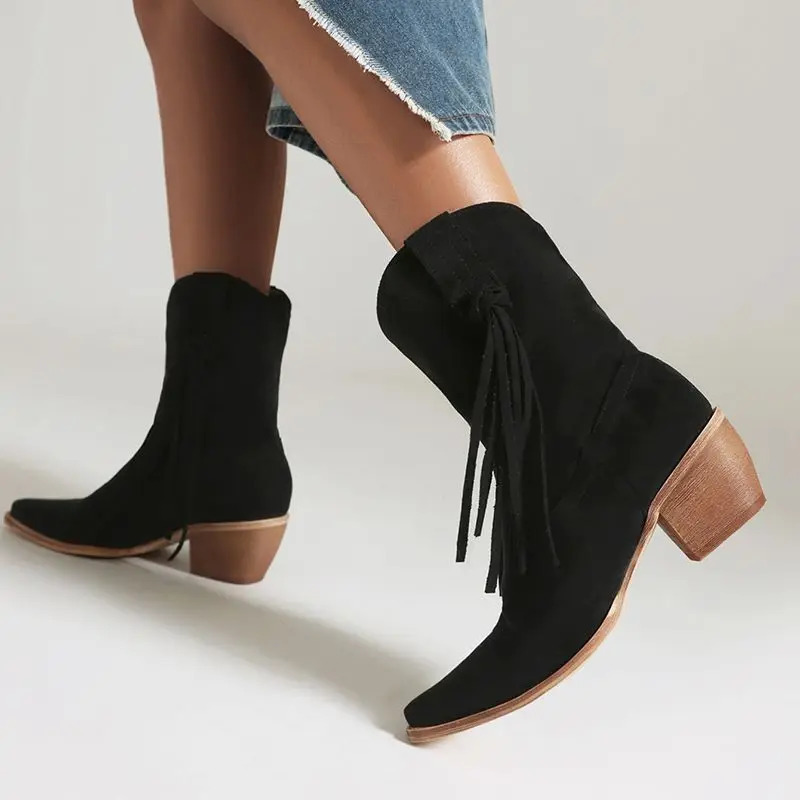 Kcenid Vintage Cowboy Boots For Women Fashion Fringe Decoration Womens Cowgirl Retro Western Woman Shoes 250731