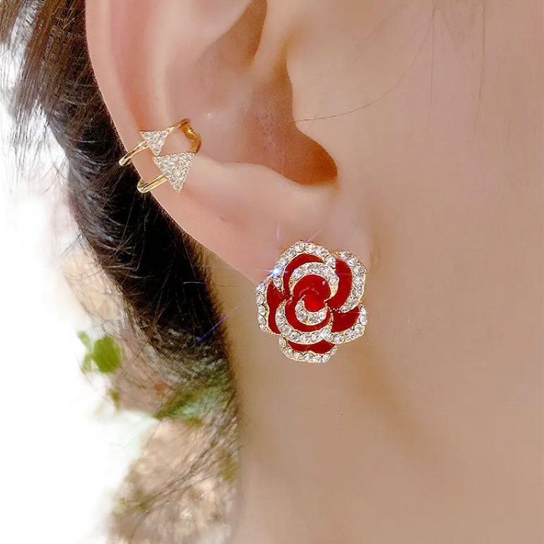 S925 Silver Needle Korean Women's Ear Nails Free Shipping Designer Luxury Jewelry Camellia Charm Ear Nails Fashion 3D Rose Ear Accessories