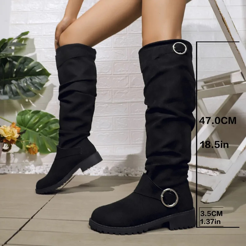 Female Women Boots Sexy Zipper Knee High Women Flats Shoes Square Toe Long Boots Thigh High Suede Chunky Heel Solid Botas 250805