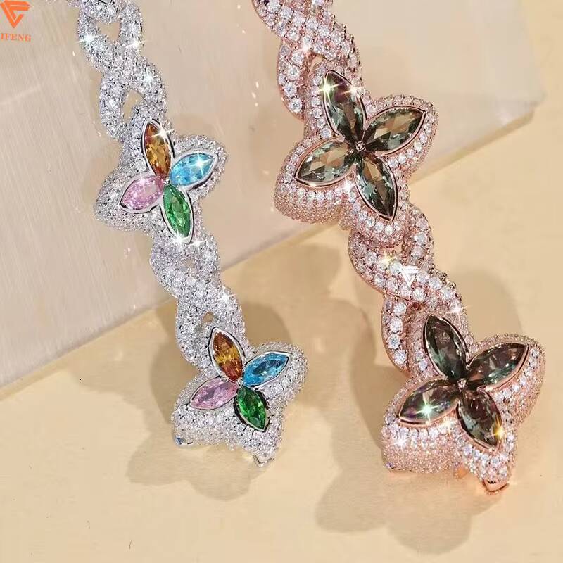 925 Silver Cuban Link Bracelet with Multiple Flower-Shaped Bracelet Moissanite Marquise Cut Colorful 925 Silver Chain Jewelry
