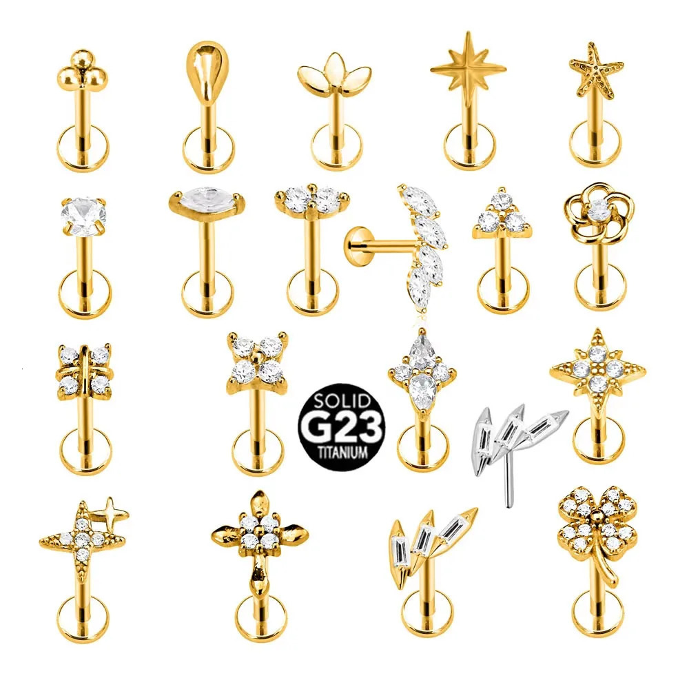 ASTM 36 G23 Flower Heart Star Drop Threadless Piercing Petals Leaf Moon Pin Push in Labret Stud Daith Conch Earring 250805