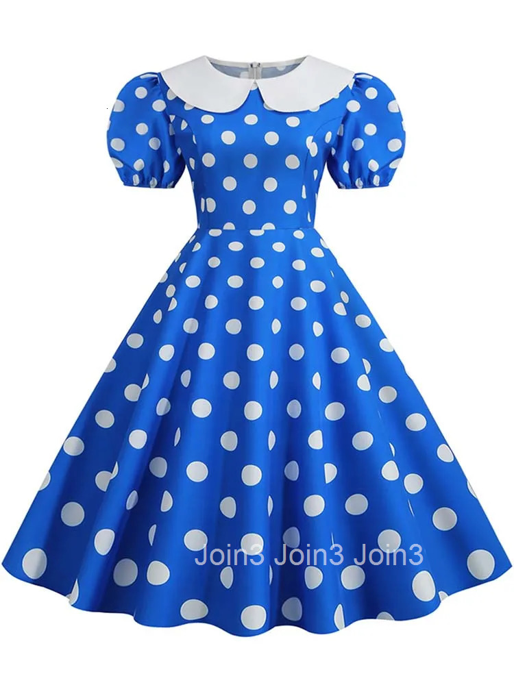 Elegant Women Summer Dress Puff Short Sleeve Polka Dot Peter pan Collar Vintage A-line Midi Long Party Sundress Robe Femme