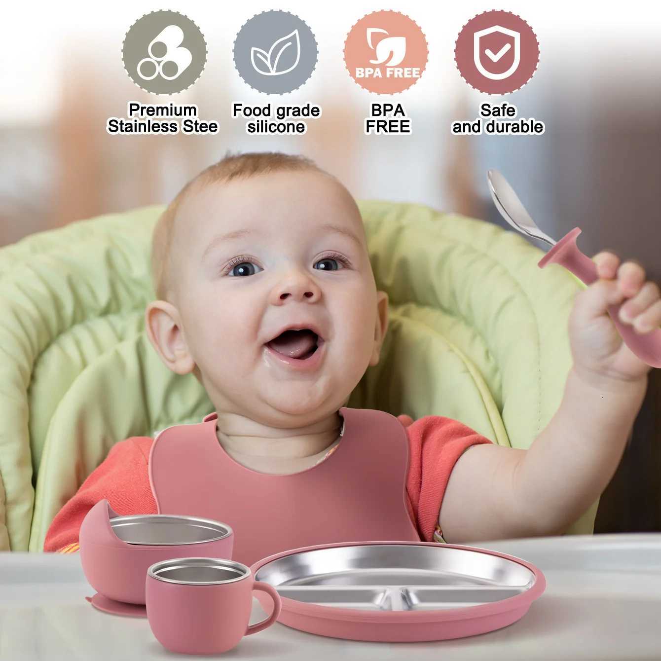 6PCS BPA Free Stainless Steel Silicone Infant Feeding Set Includes Bowl Plate Bib Detachable Design Baby Tableware For Weaning X250806