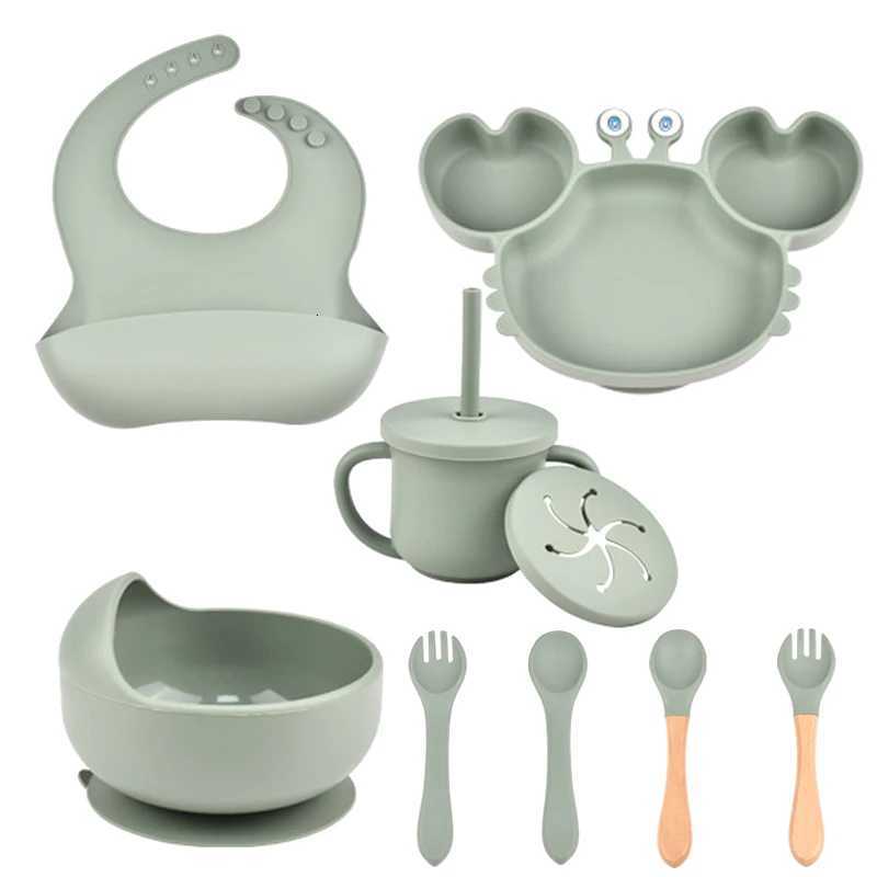 8-Piece Set Childrens Tableware 100% Food Grade Silicone Baby Bib Cups Forks Spoons Divided Plates Impact Resistant Tableware X250806