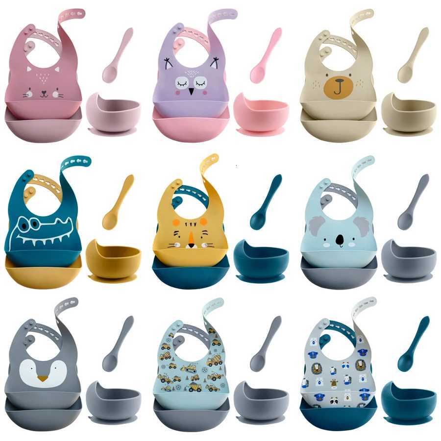4pcs/Set Baby Childrens Tableware Waterproof Bib Cartoon Printed Drool Apron Feeding Sucker Bowl Dishes Plate Baby Supplies X250806