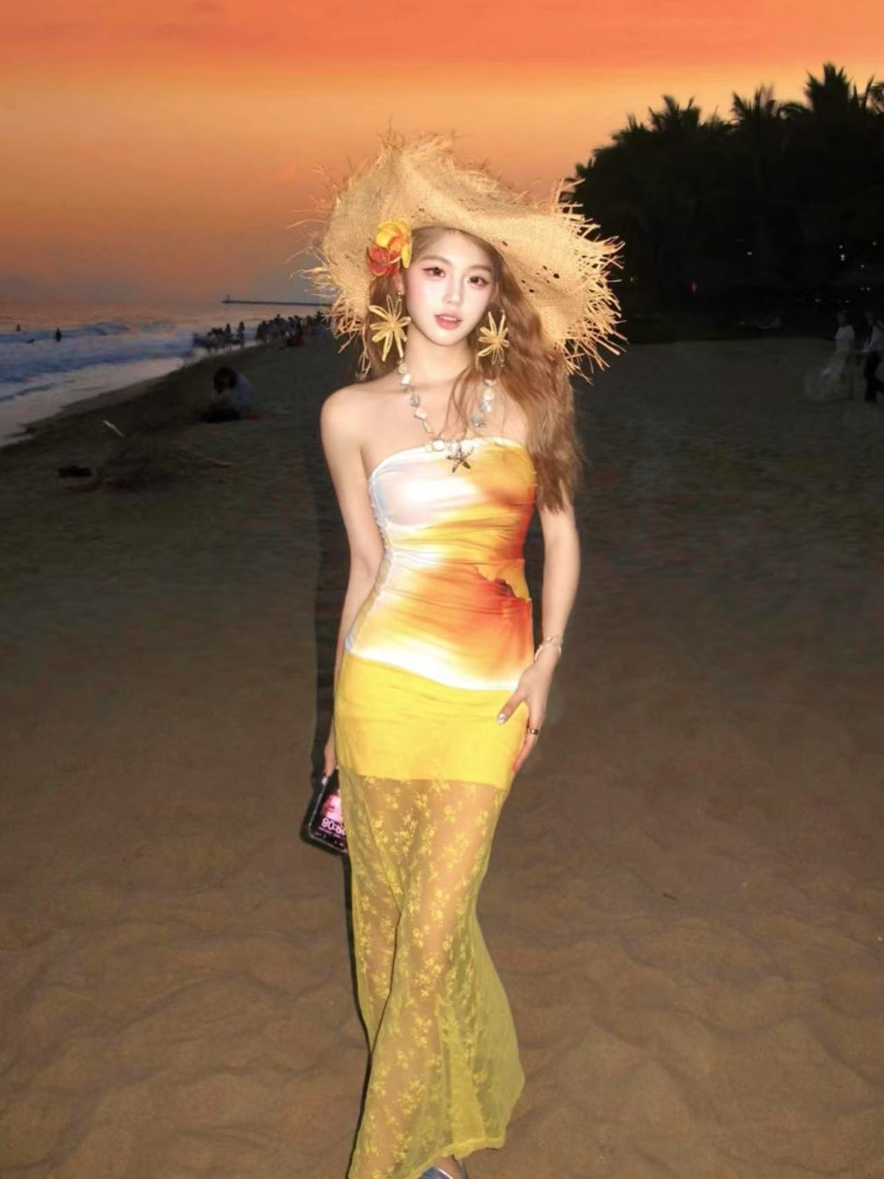 2025 summer dopamine vacation style lace trend transparent mermaid dress sunset print strapless top set long skirt new designer dress