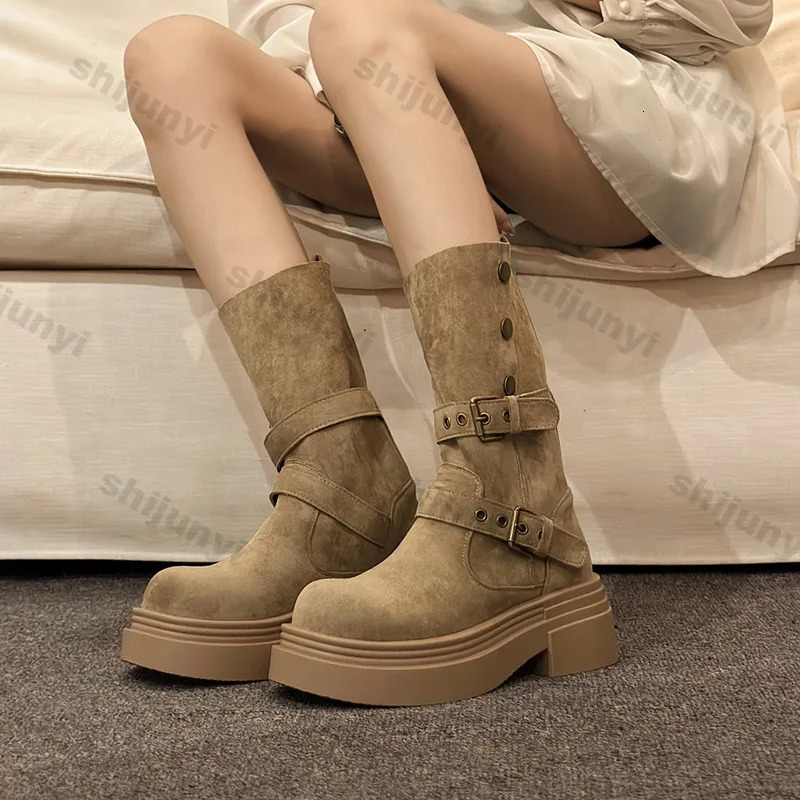 Women Chunky Western Cowboy Boots Fashion Platform Pleated Mid Calf Boots Spring Autumn Woman Vintage Mid-heel Comfort Boot 250805