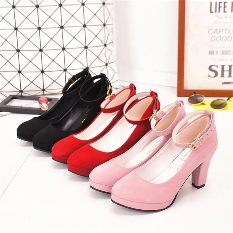 Spring Women Pumps Flock Sweet Thick High Heels Ankle Strap Female Platform Classic Round Toe Dress Cute Shoes Ladies Footwear 250731