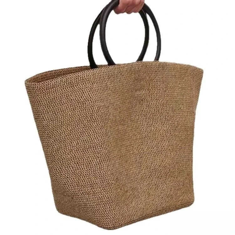 Lazy Beach One-Click Closure Portable Bucket Bag Straw Woven Handbag Large Capacity Simple Beach Vacation Womens Tote Bag M250806