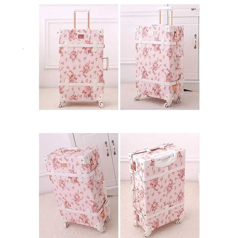 Retro Luggage Cute Cherry Blossom Pink Trolley Case Silent Spinner Wheel 20 inch Travel Cabin Suitcase 22/24/26/28 inch Set W250805