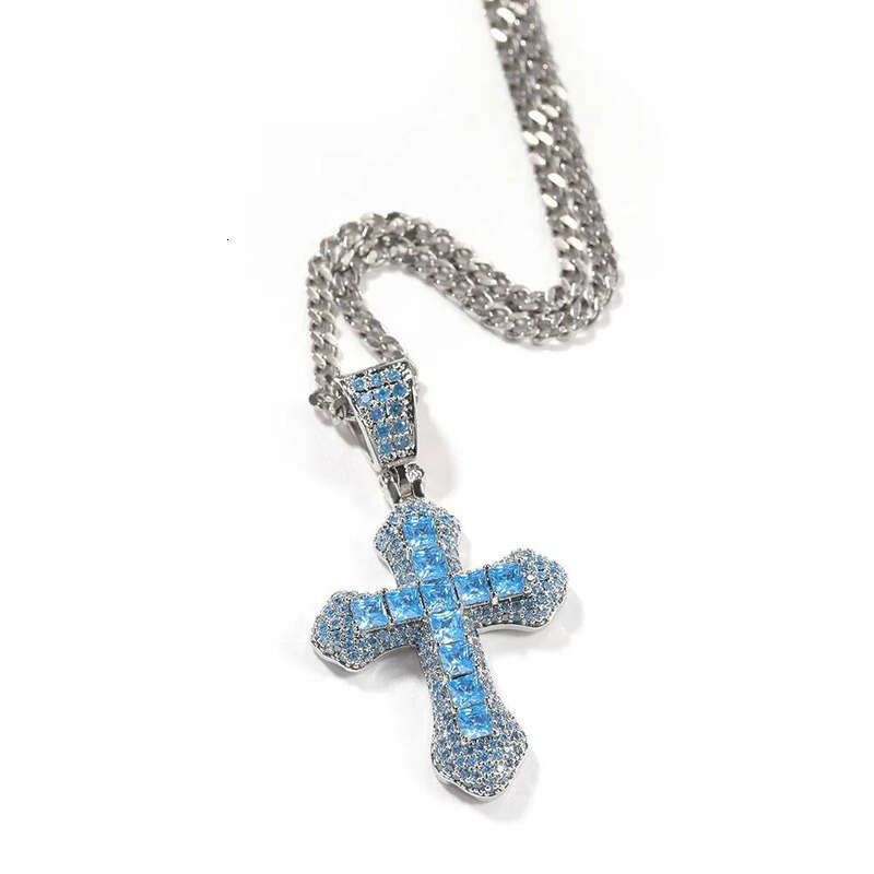 New charm bling iced out product blue zircon cross pendant necklace hip hop fashion dia jewelry all-match sweater chain gifts for women and men