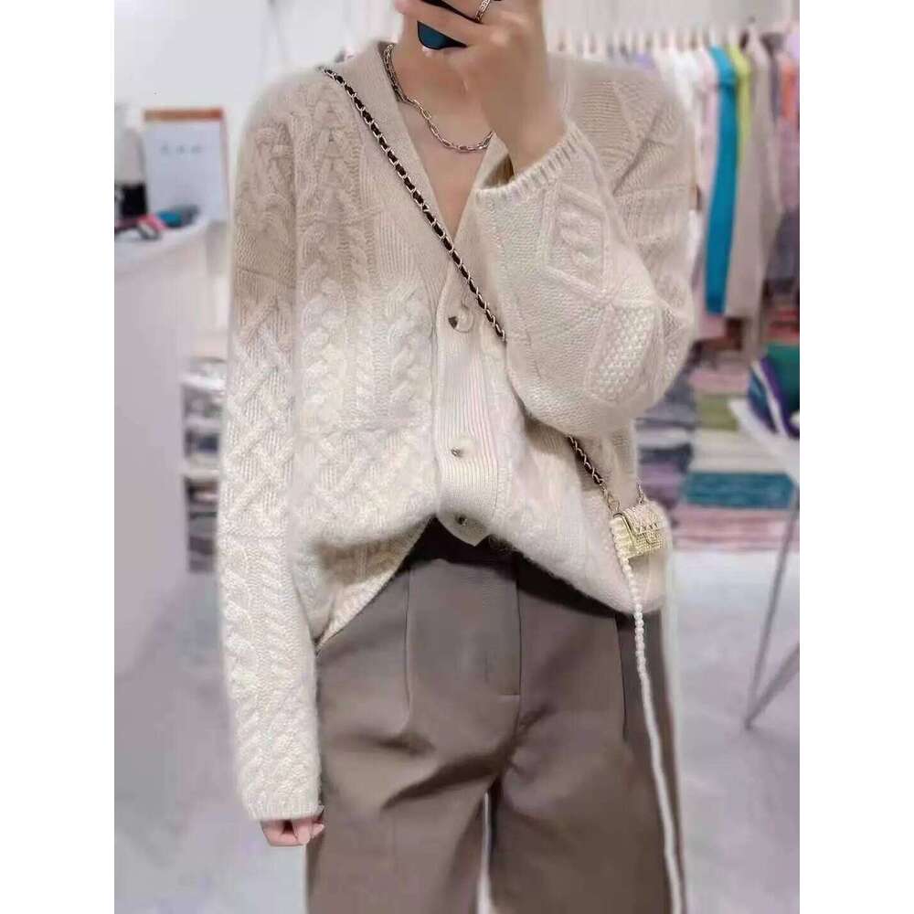 Heavy Thick Twist Flower V-Neck Cashmere Knitted Cardigan Women Autumn And Winter Lazy Loose Every Sweater Overcoat 250806