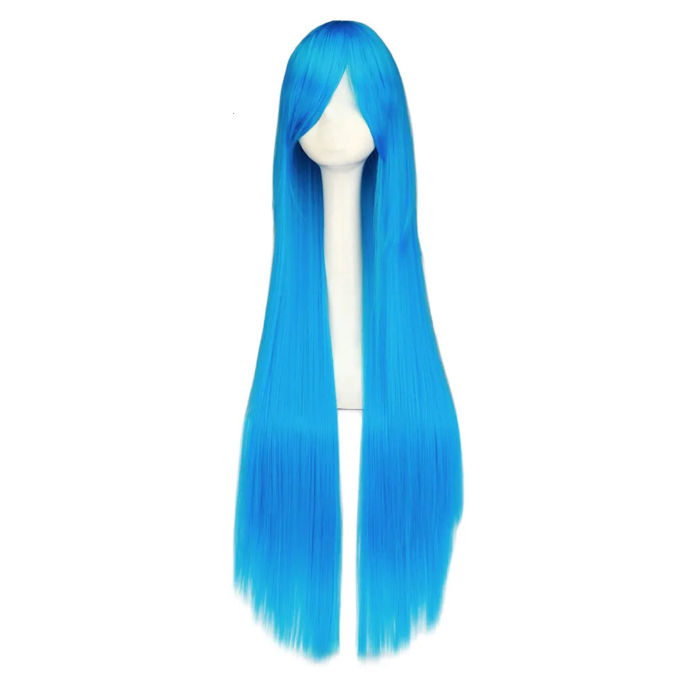 QQXCAIW Cosplay100cm Long Blue Synthetic Hair Wigs Halloween Anime Costume Straight Heat Resistant Wig 250805