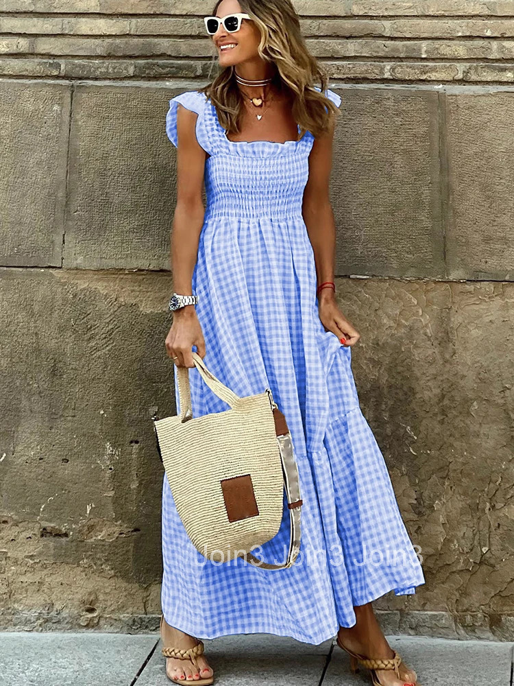 Casual Slash Neck Slip Maxi Dress Office Lady Spring Summer Fashion Elegant Solid Plaid Sleeveless Dresses For Women white