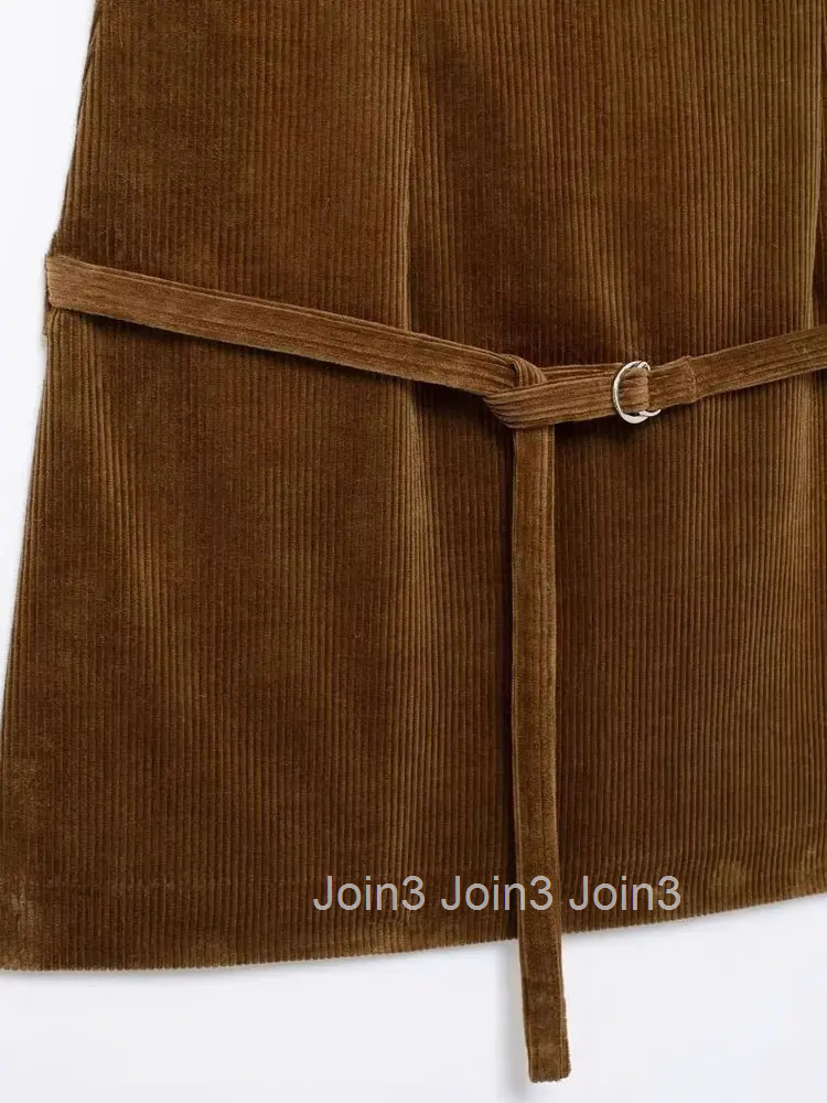 Womens Corduroy Mini Dress with Belt O Neck Sleeveless Back Zipper Female Dresses Fashion
