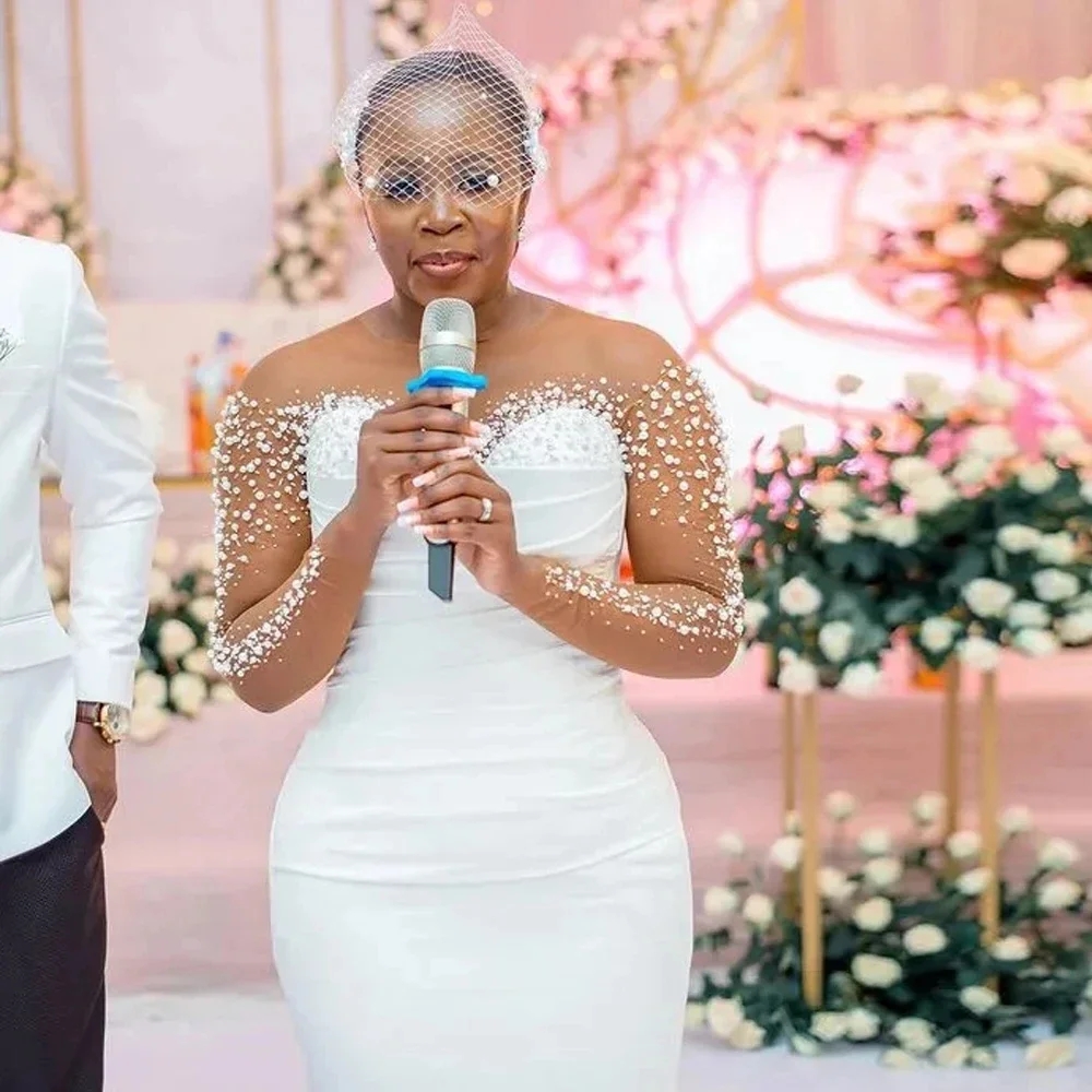 2025 Stunning Shinny Pearls Arabic Aso Ebi Wedding Dress For Bride Illusion Long Sleeve Mermaid Pleated Satin Bridal Gown Vestido de novia