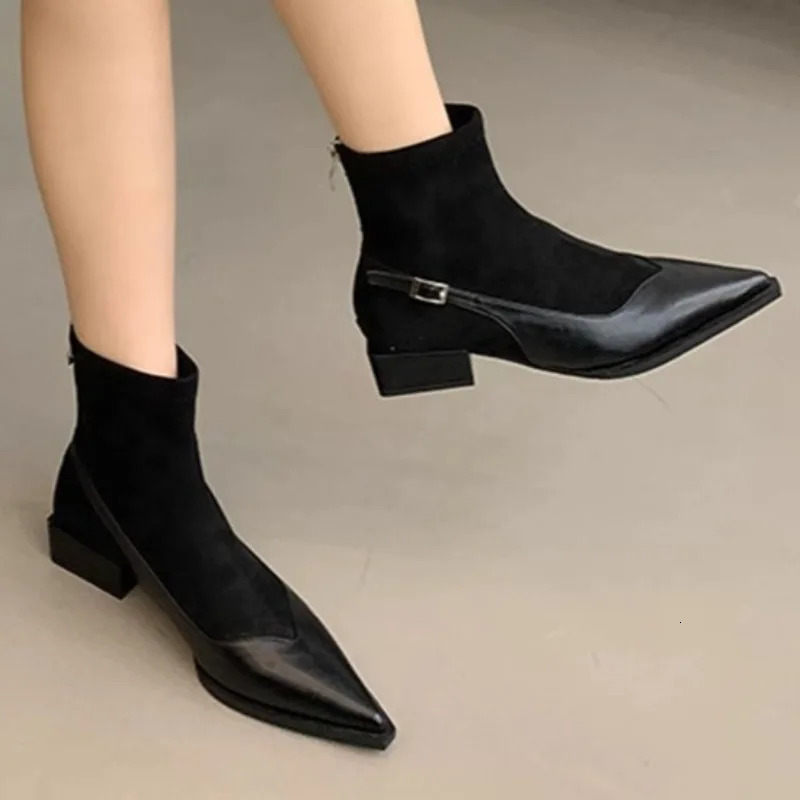 Ankle Boots Womens Thick Heels Mid Heels Suede Pointed Toe 2025 Trend Autumn Outdoor Walking Lightweight Chelsea Boots 250805