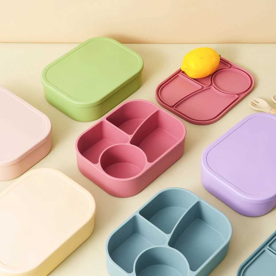 1PCS Baby Silicone Food Storage Box Solid Color Baby Tableware Portable Four-compartment Dinner Plate Toddler Lunch Box X250806