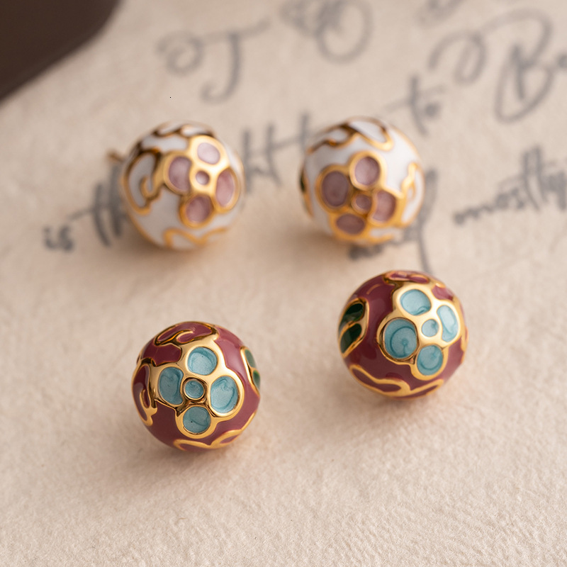 New Chinese National for Women Enamel Drop Glaze Flower Palace Style Stud Earrings Elegant Light High-end Feel