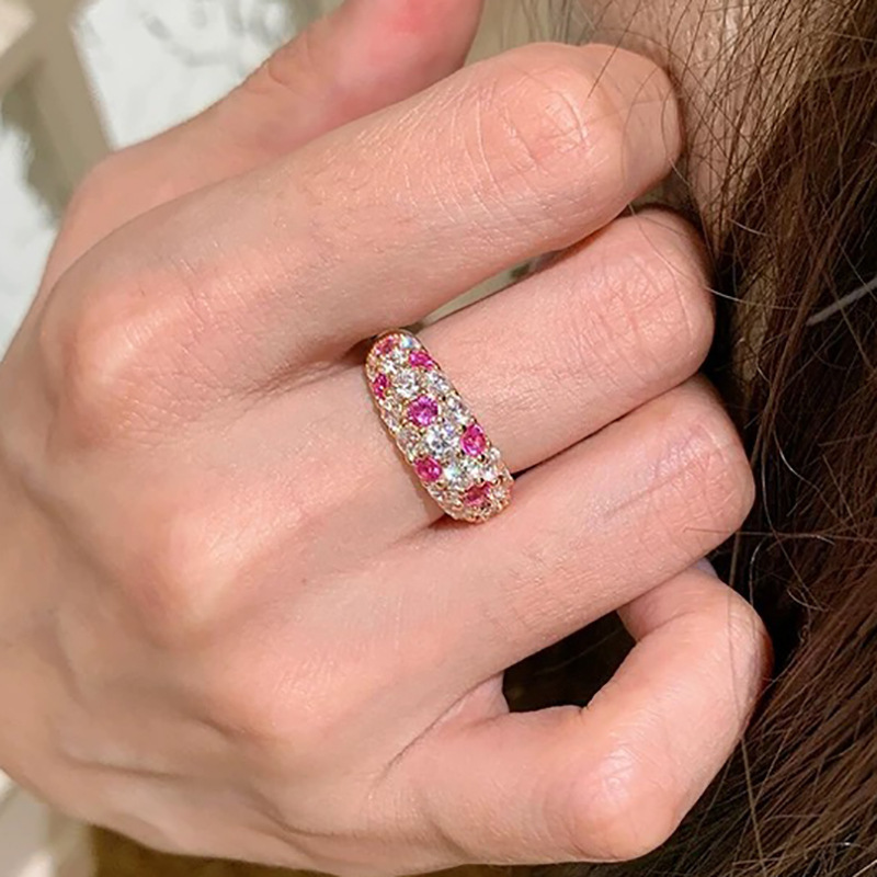 Hui Zhi Wing Jewelry Live New S Silver Half Circle Full Inlaid Intermete mond Ring for Women Pink Starry Sky