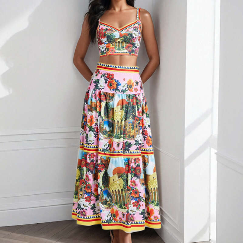 Women's Printed Strapless Camisole Top + High Waist Skirt Fashion Two-Piece Set For Women B5