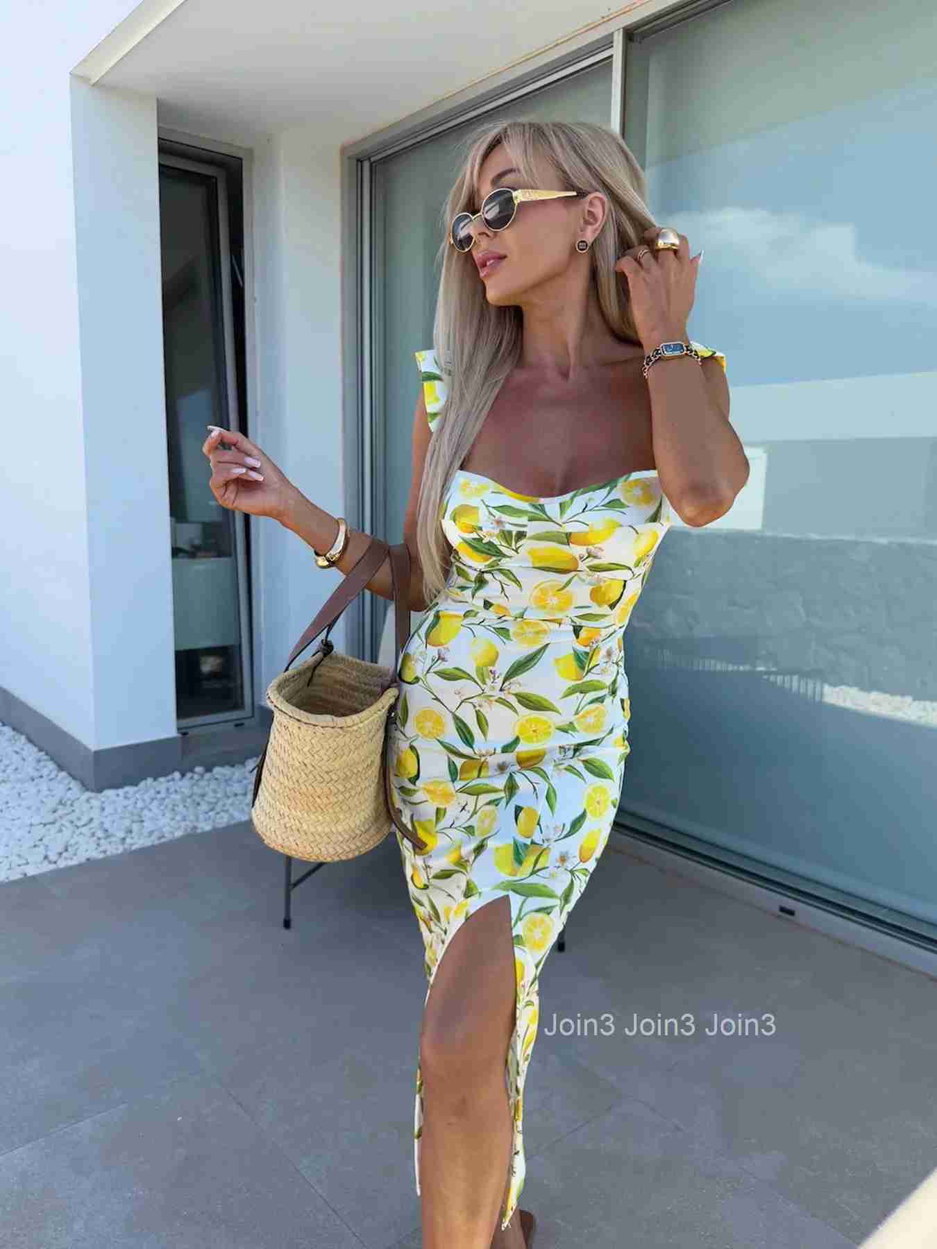 New European and American summer elegant design French lemon suspender slit midi-length ladies dress