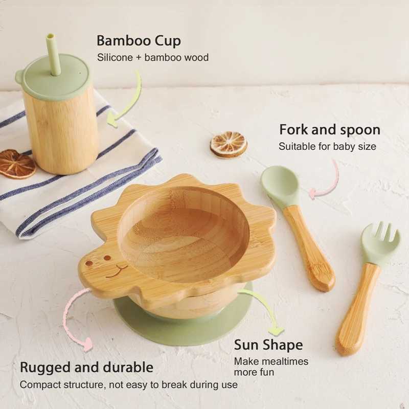 4pc Bamboo Wooden Dinosaur Dinner Plate Baby Bowl Spoon Fork Cup Silicone Suction Plate Tableware Set Baby Feeding Accessories X250806