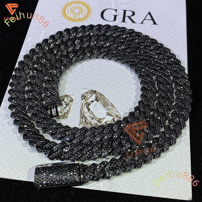 Hot Selling Black Diamond Cuban Chain 20mm 3 Rows 925 Silver Black Gold Plated Iced Out Chain Moissanite Cuban Link Chain
