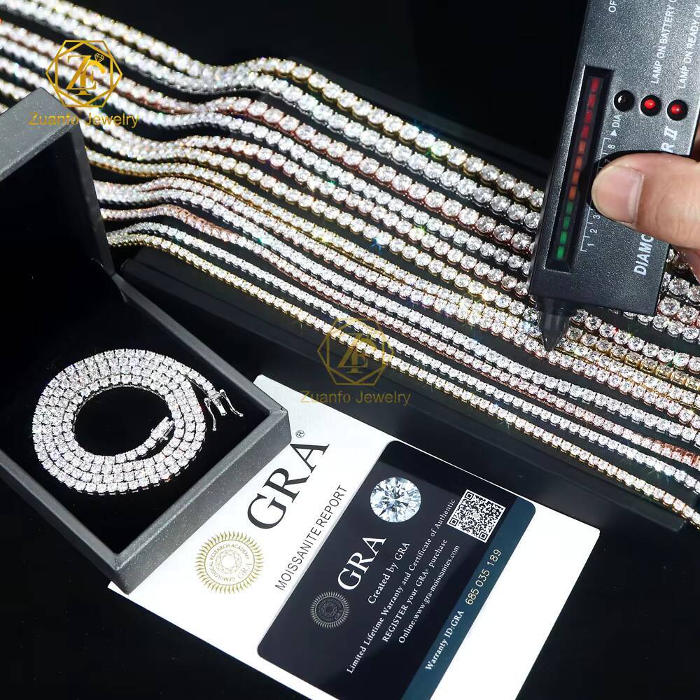 High Quality Tennis Chain 2mm 3mm Silver 925 D VVS1 Moissanite Tennis Chain Pass Diamond Test Hip Hop Style Fashion Design