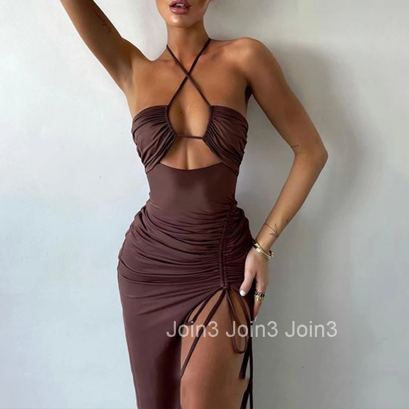 Summer Black Sexy Dress For Women Sleeveless Backless Hollow Out Party Dress Fashion Lace-up Halter Bodycon Elegant Split Dress