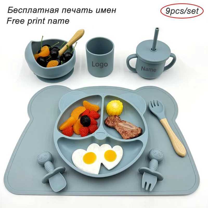 9Pcs Silicone Feeding Set Dinner Plate For Kids Meal Mat Suction Cup Bowl Spoon Fork Personalized Names For Childrens Tableware X250806