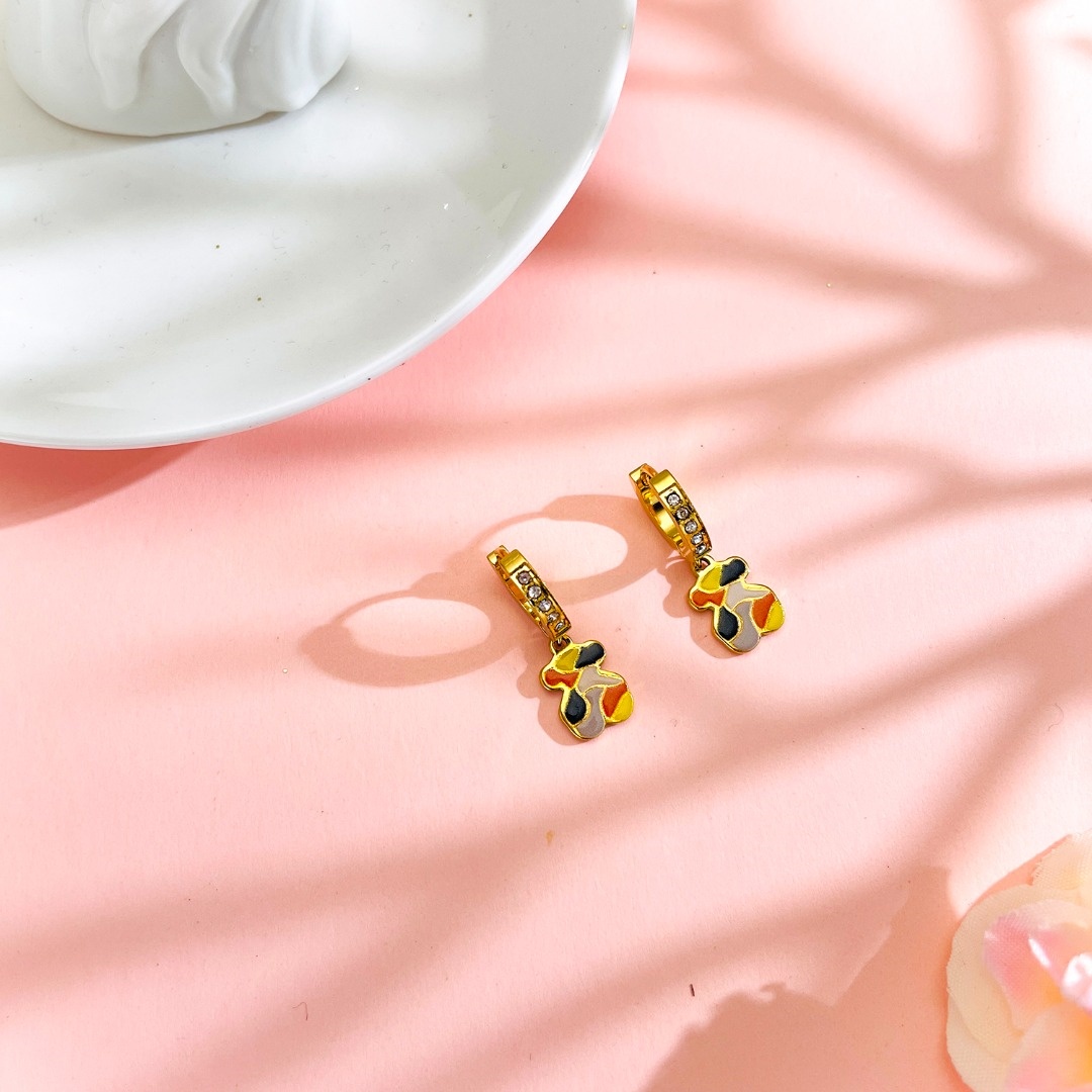 Fashion Women Men Girls Bear Gold Stainless Steel Round White Zircon Animal Color Drop Oil Cartoon Span Hoop Earrings Jewelry