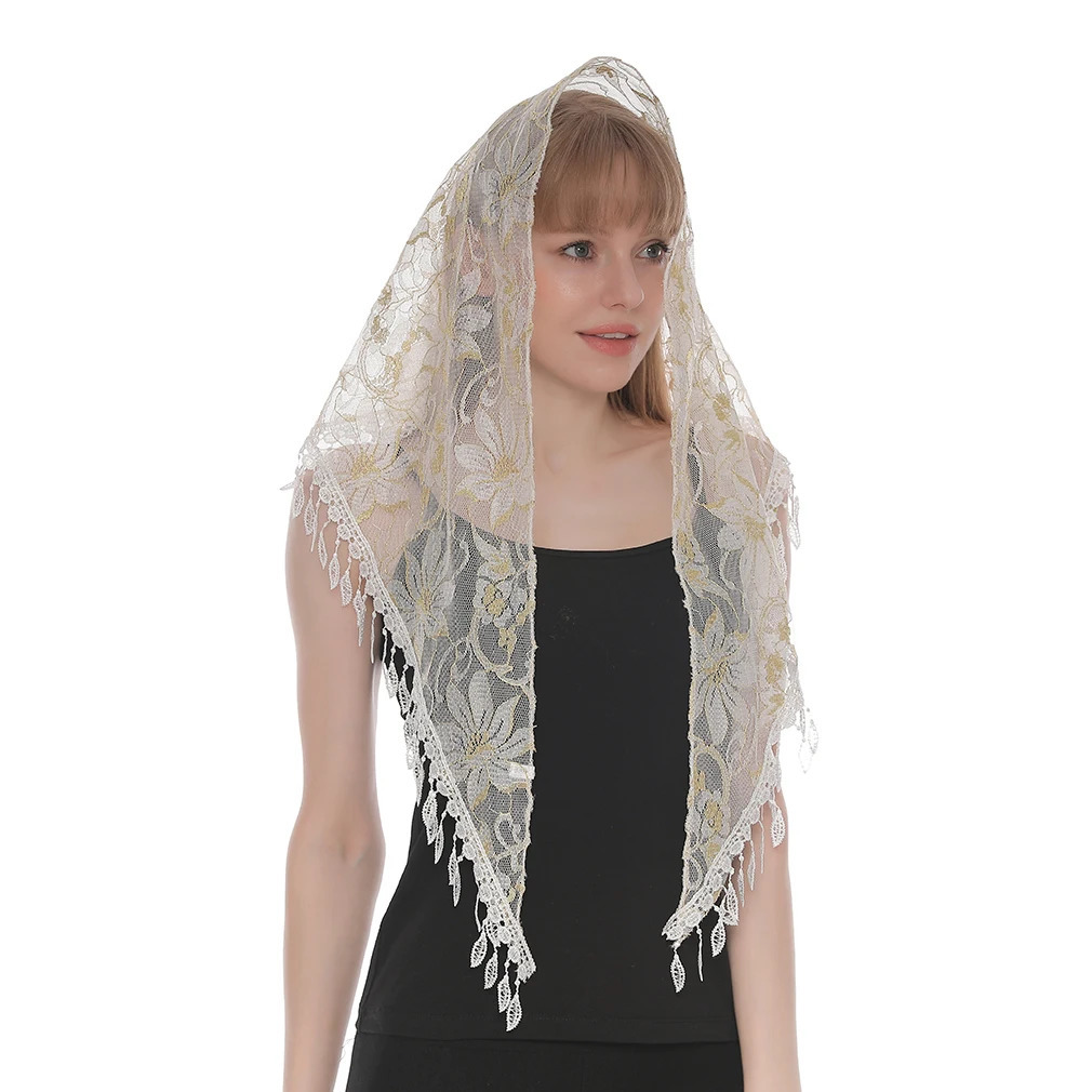 Fashion Church Shawl Lace Veil Polyester Scarf Bandana Church Prayer Wedding Mantilla Chapel White Embroidered Hijab Women Scarf 250806