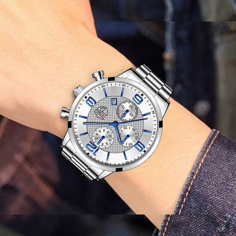 Mens Watch Luxury Business Mens Stainless Steel Quartz Wrist Male Leather Calendar Luminous Clock Mens Watch W250806