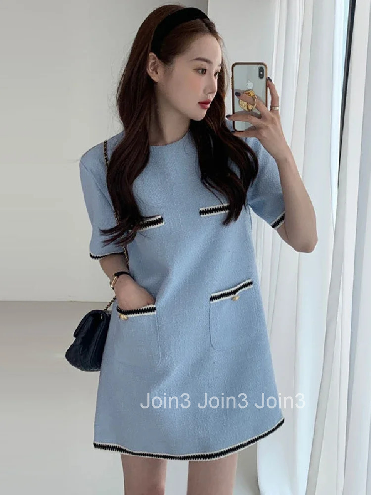 Women Dresses Korean Chic Summer Simple Round Neck Contrast Color Trim Pocket Design Loose Short-sleeved Tweed Dress Women