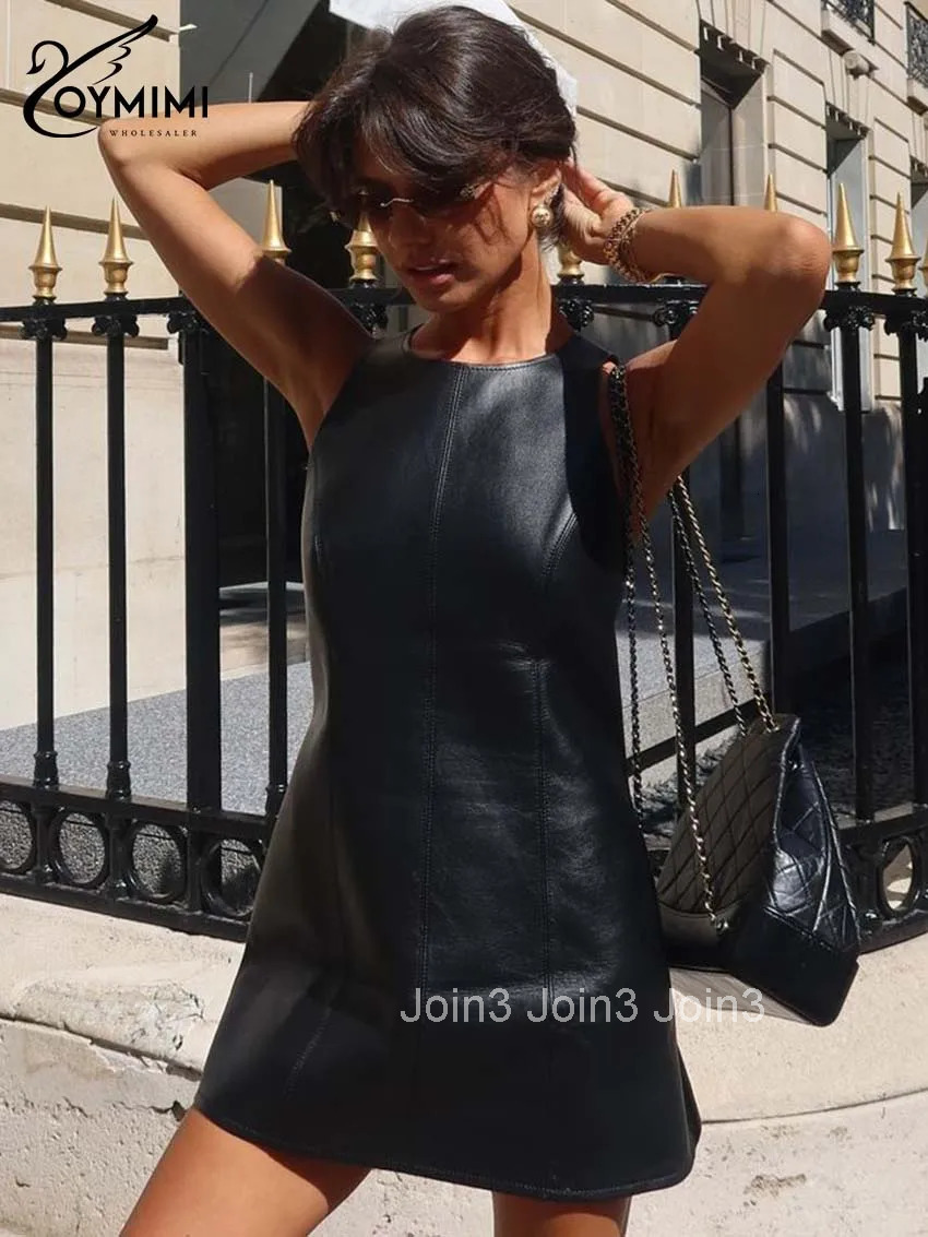 Casual Black Pu Leather Dresses Women Fashion New O-Neck Sleeveless Slim Dresses Elegant Solid Straight Mini Dress
