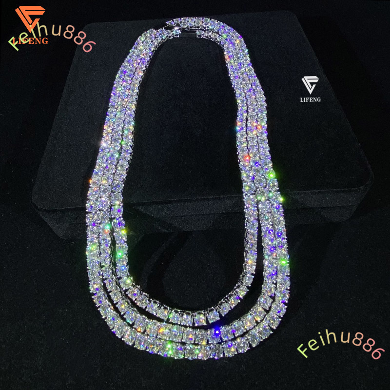 Custom Iced Out Hip Hop Jewelry 6mm VVS Moissanite Diamond Tennis Ball Chain Round Shape 925 Sterling Silver Tennis Necklace