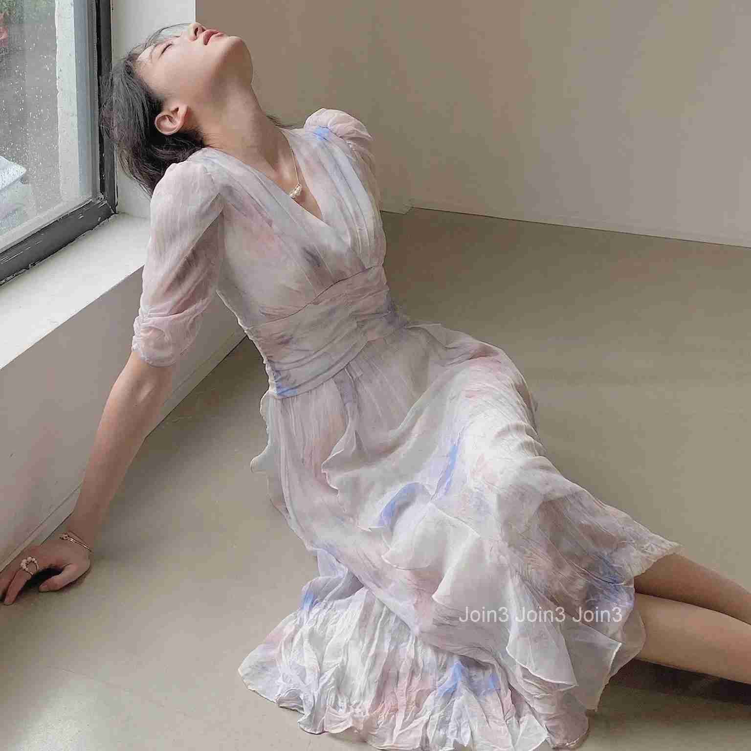 Summer V-neck Print Dress French Style Women Elegent Party Pink Midi Dress Female Fashion A Line Holiday Korean Clothes Vestidos